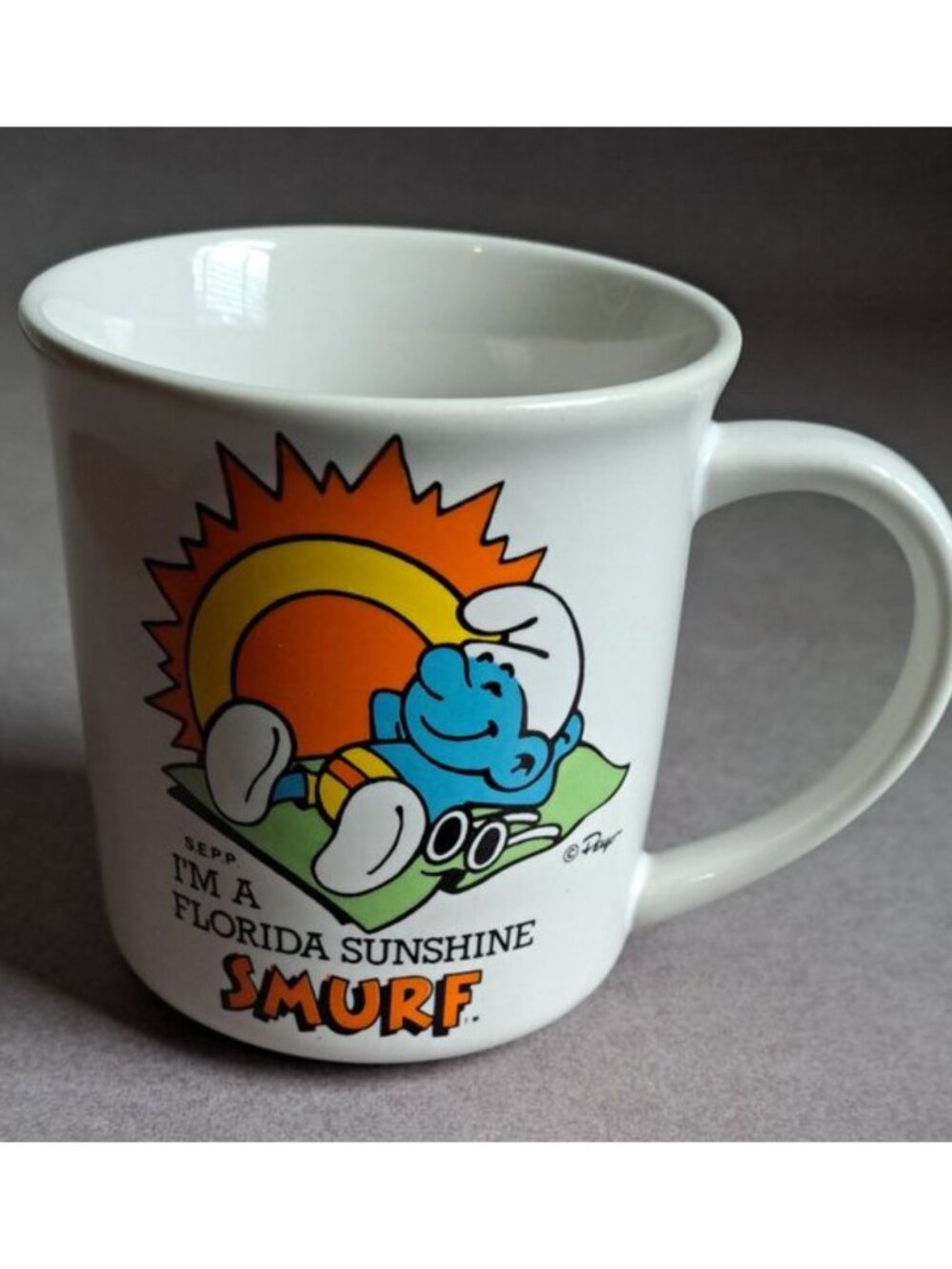 VINTAGE The Smurfs: I'm A Florida Sunshine Smurf USED Coffee Mug (Peyo) PM